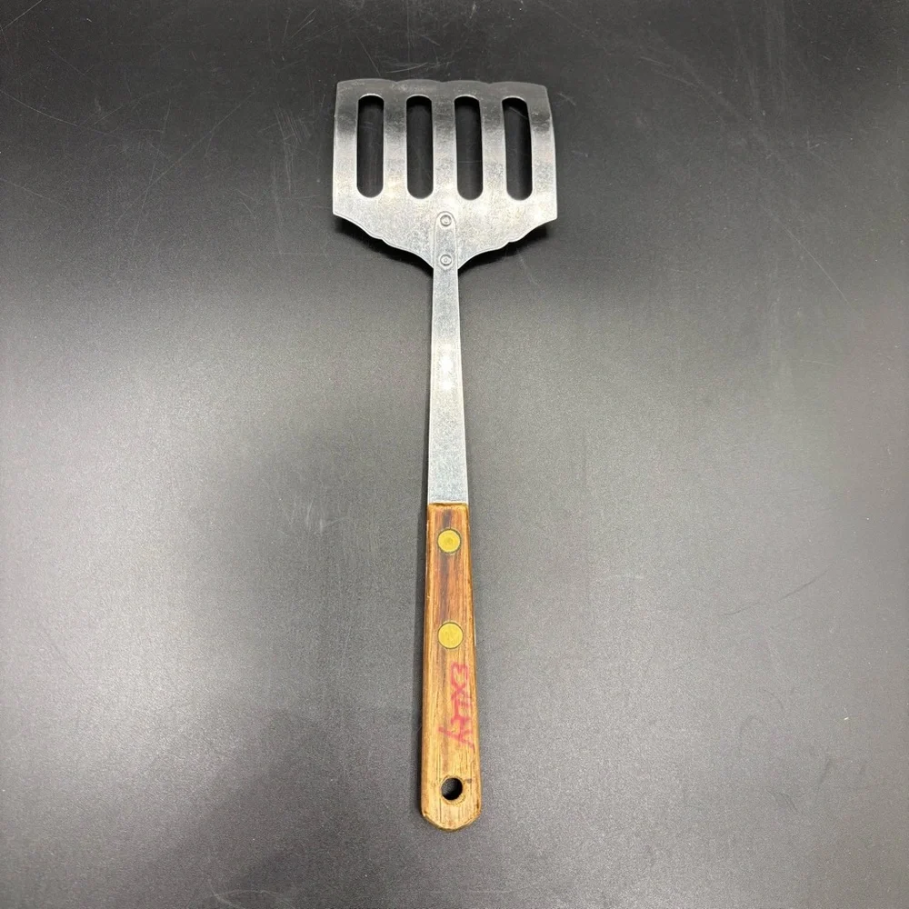 Robinson USA Spatula Wood Handle Slotted Stainless Strainer Curved Marked 12